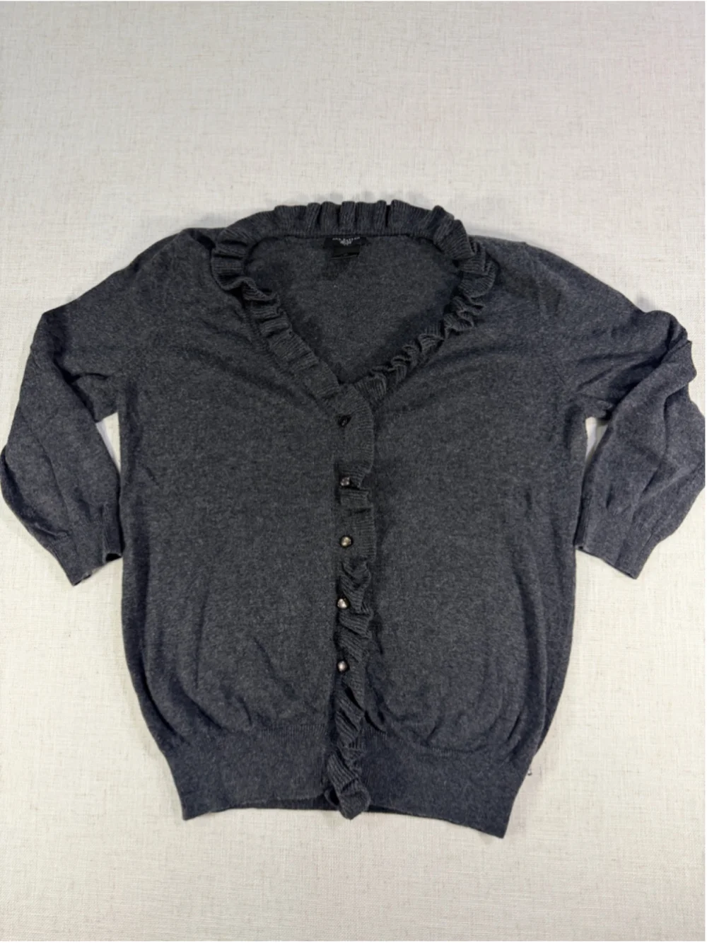 Ann Taylor Petite Women’s Ruffle Trim Button Front Cardigan Heather Charcoal Sma